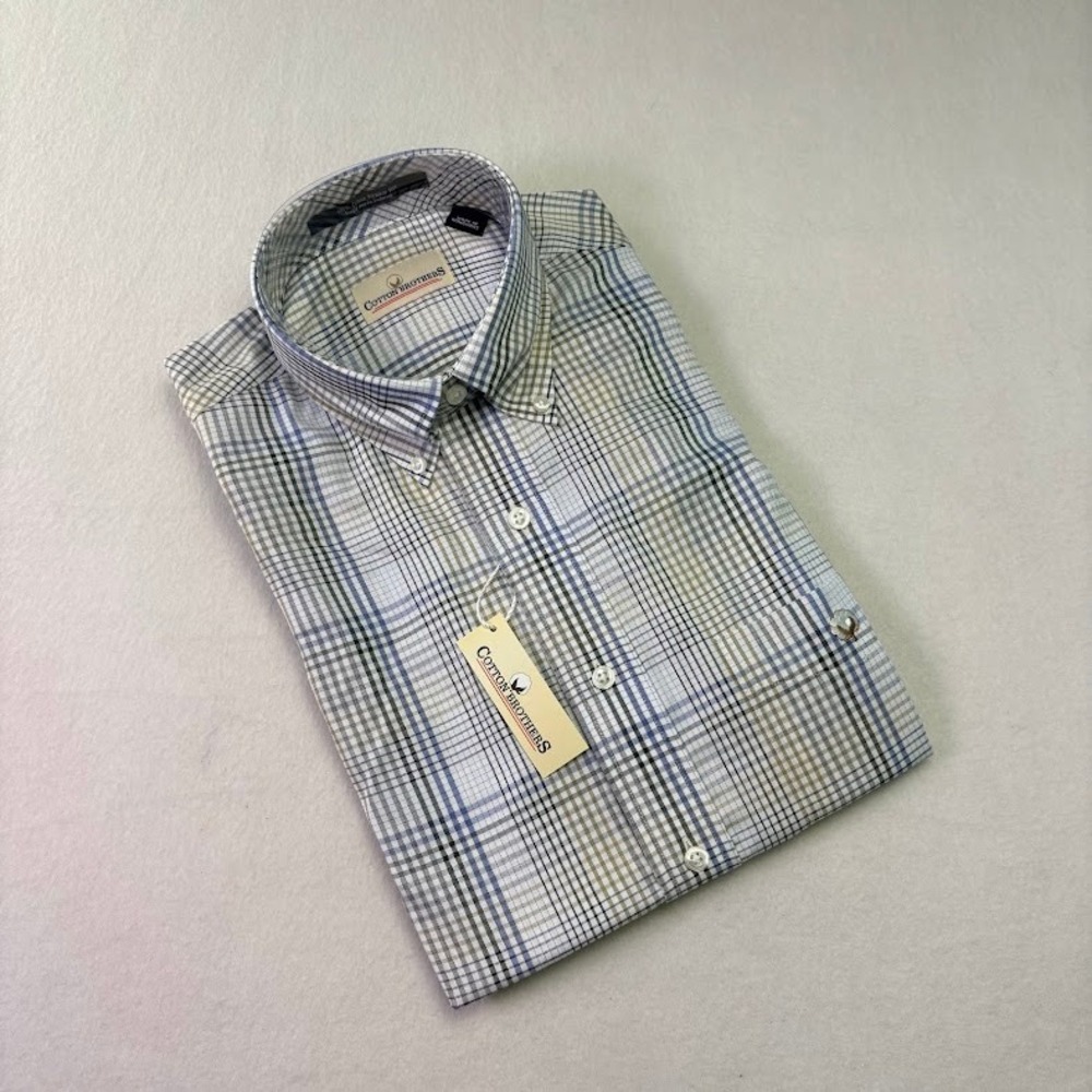 Cotton Brothers Plaid Button Down Shirt Womens Blue Tan Wrinkle Free NWT